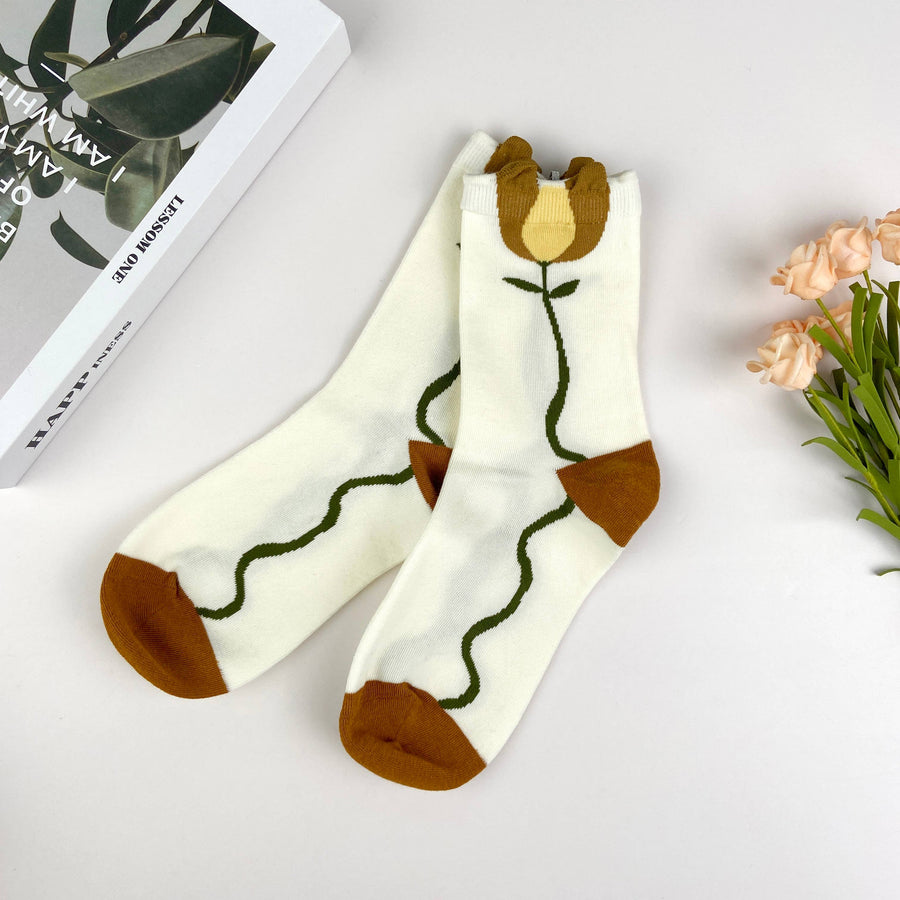 Combed cotton women's socks floral lolita mid-calf socks aut: Tulip