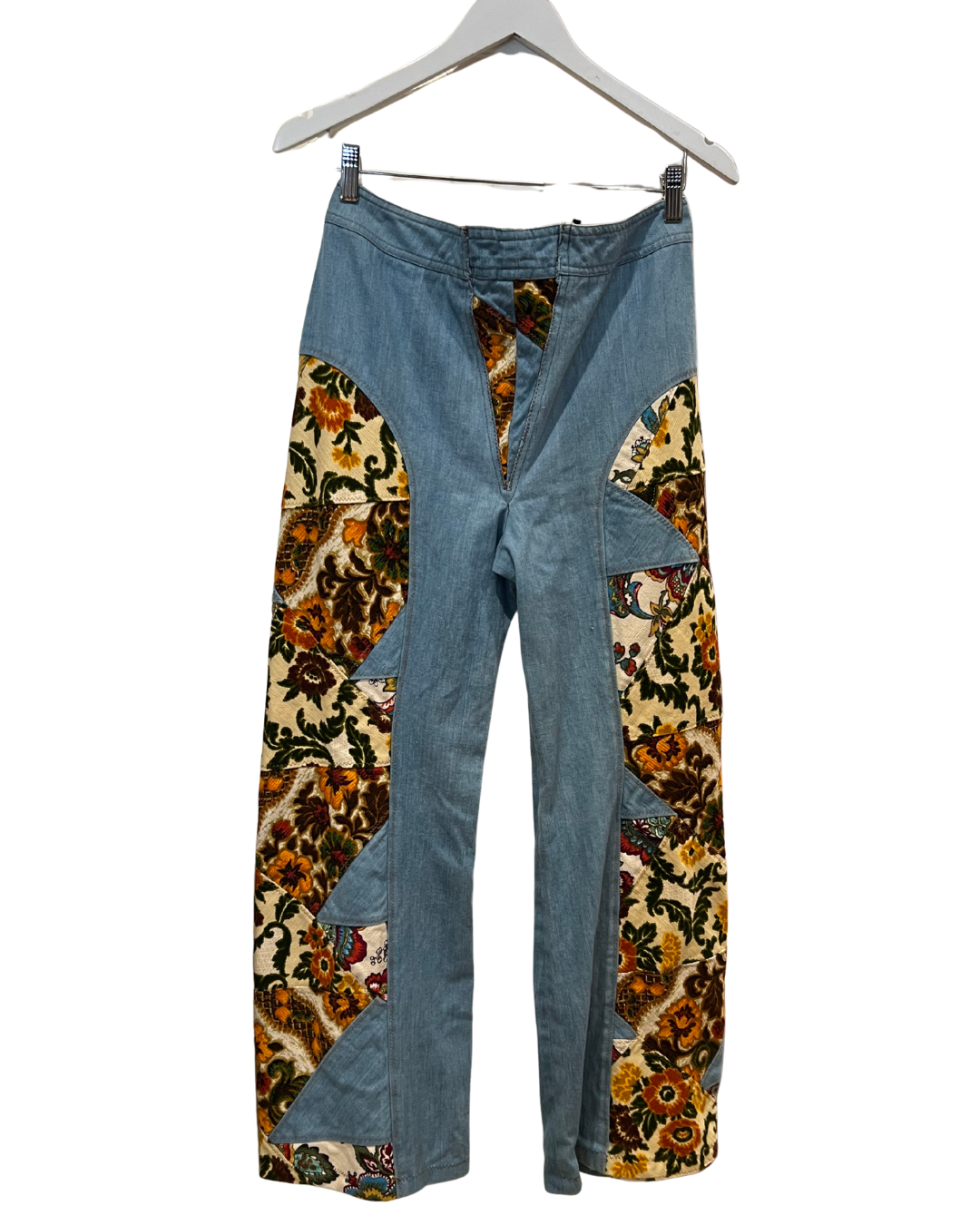 Denim Pants with groovy floral panels, 1970s, 30” Waist