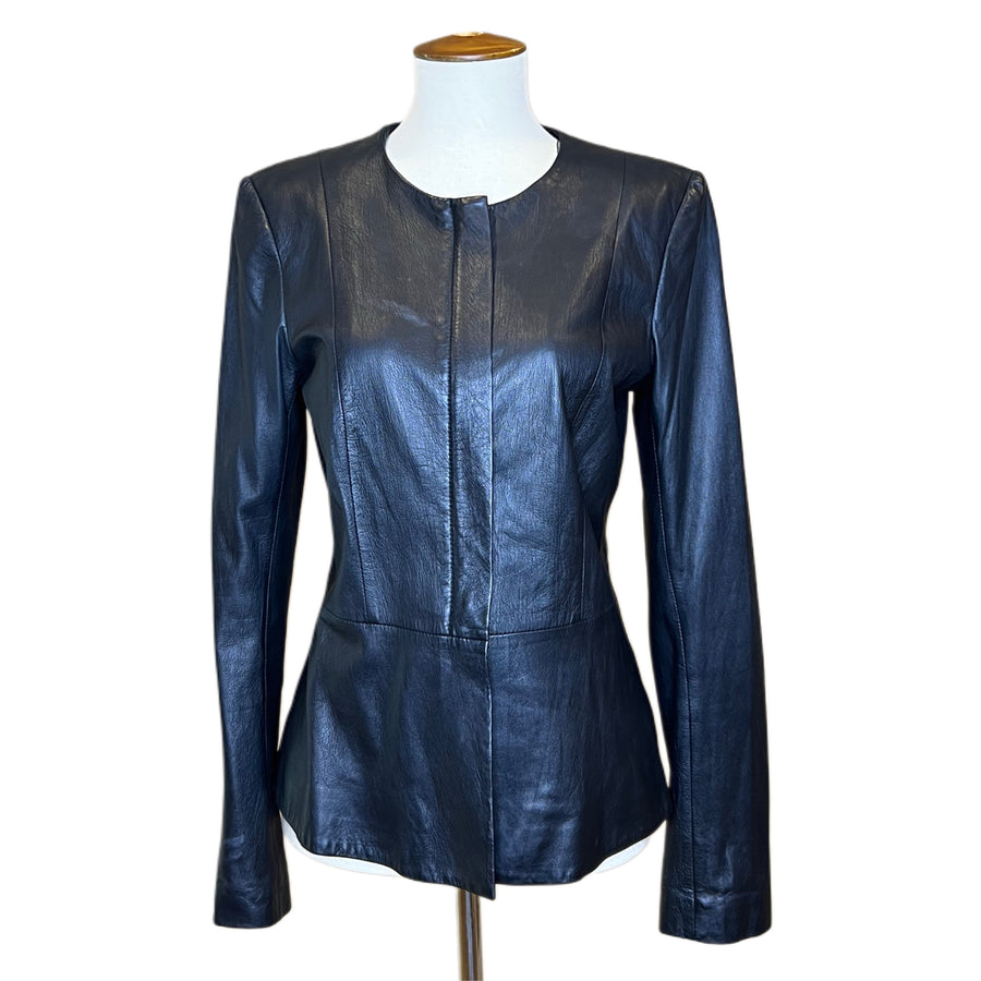 Theory Black Leather Peplum Jacket, 2000s, 34” Bust