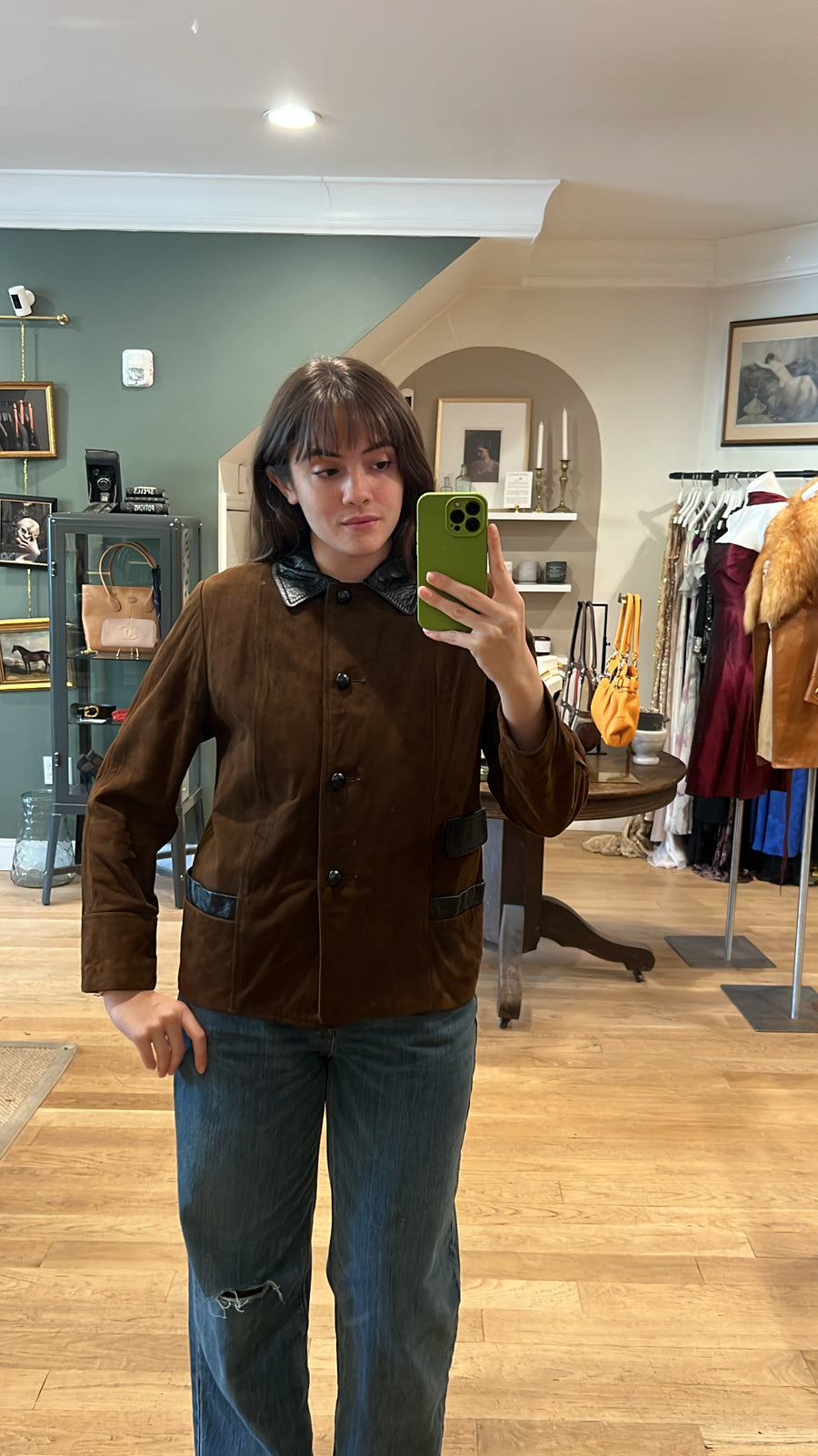Brown Suede Jacket with Leather Collar, 1960s,44” Bust, As Is