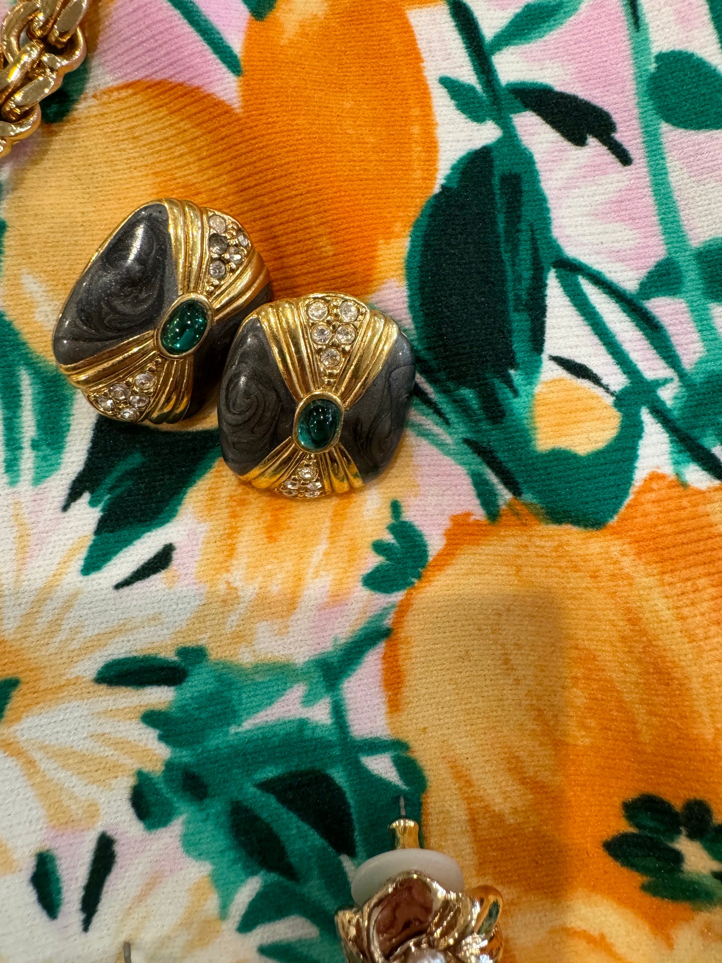 Vintage Black, Emerald and Gold Earrings