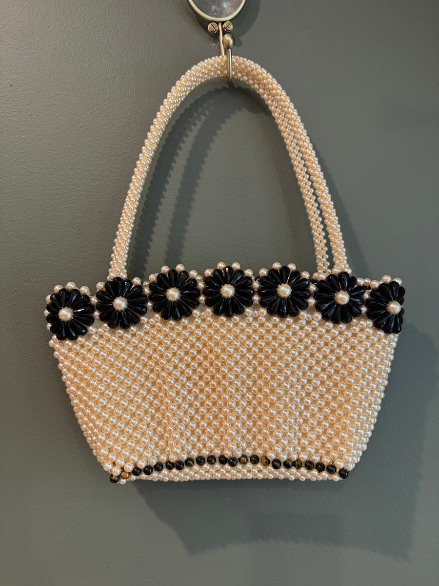 Black and white floral beaded bag