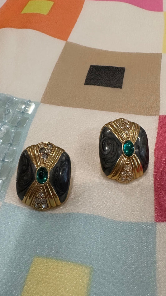 Vintage Black, Emerald and Gold Earrings