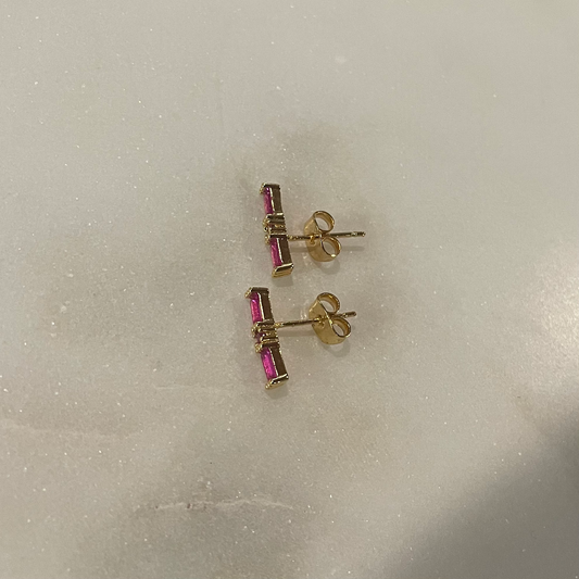 Fuchsia Studs. Pink Gem Stone Stud Earrings. Gold Filled