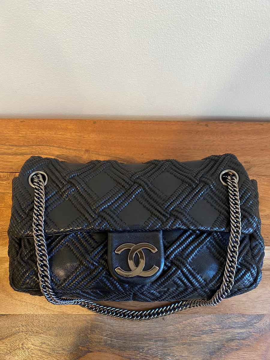 Chanel Black Woven Grid Leather Single Flap Bag