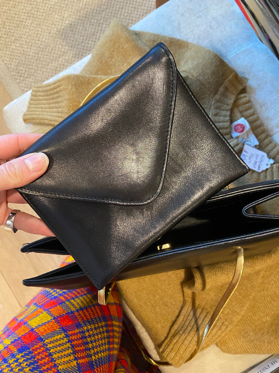 Black Leather Handbag with Gold Snakechain