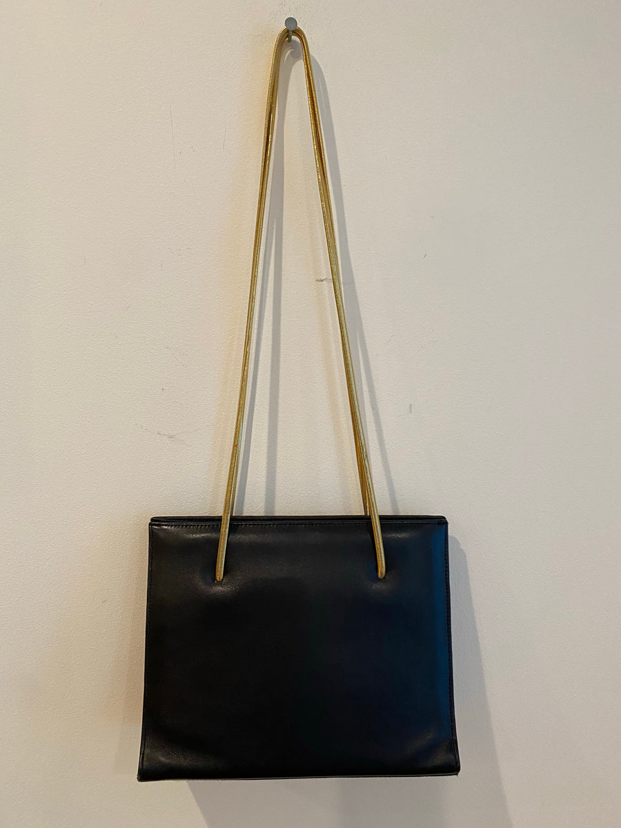 Black Leather Handbag with Gold Snakechain