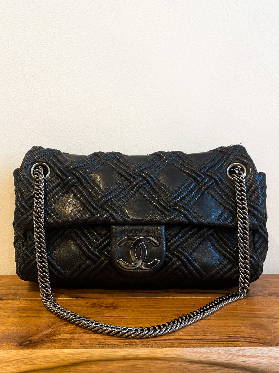 Chanel Black Woven Grid Leather Single Flap Bag
