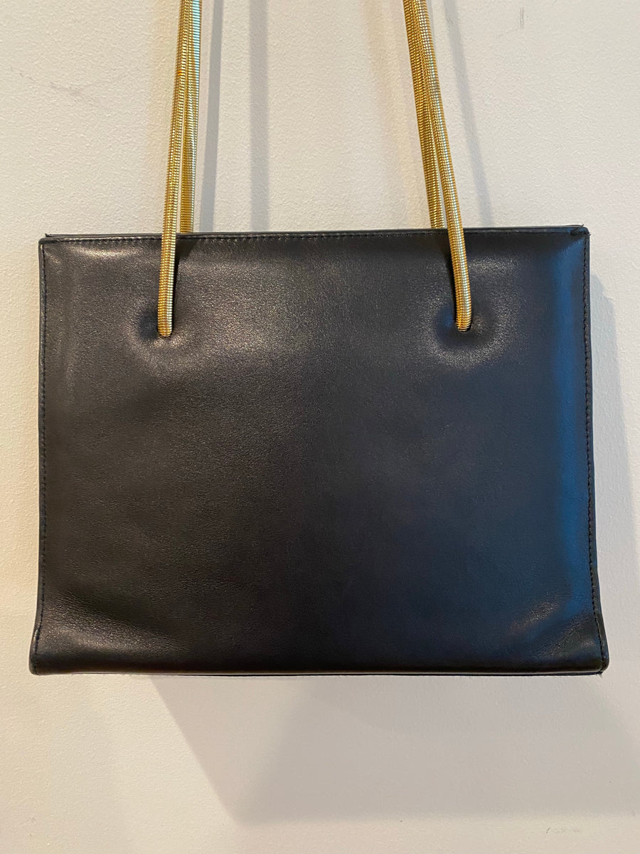 Black Leather Handbag with Gold Snakechain