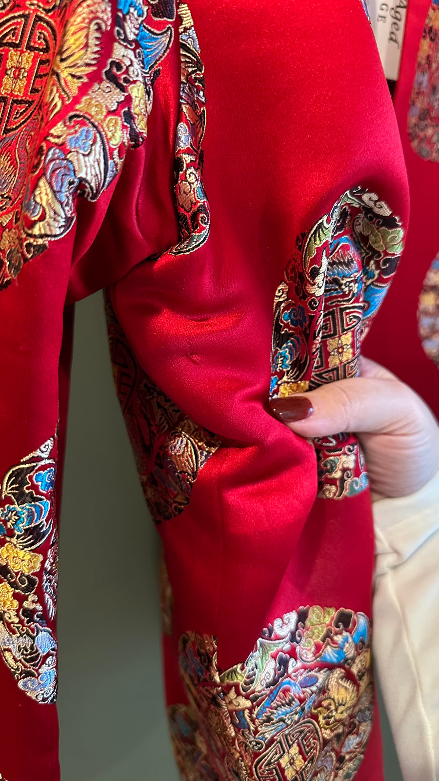Red Embroidered Silk Jacket, 1990s, 44” Bust, as is