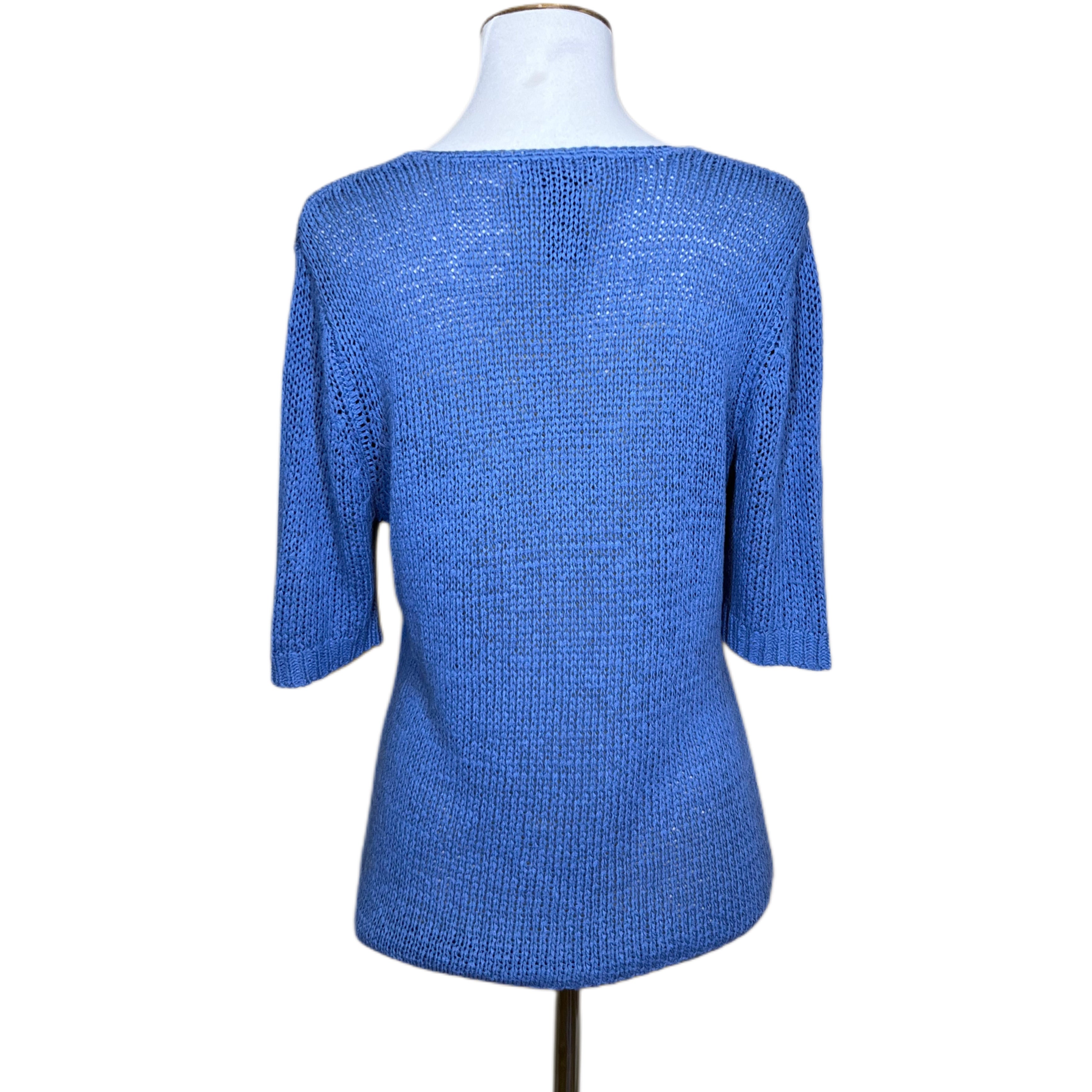 Knit Blue Short Sleeve Cardigan, 1990s, 34” Bust, as is