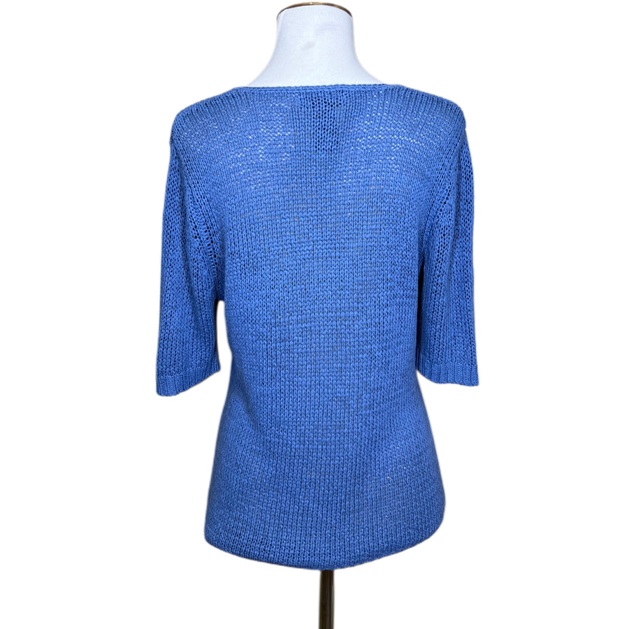 Knit Blue Short Sleeve Cardigan, 1990s, 34” Bust, as is