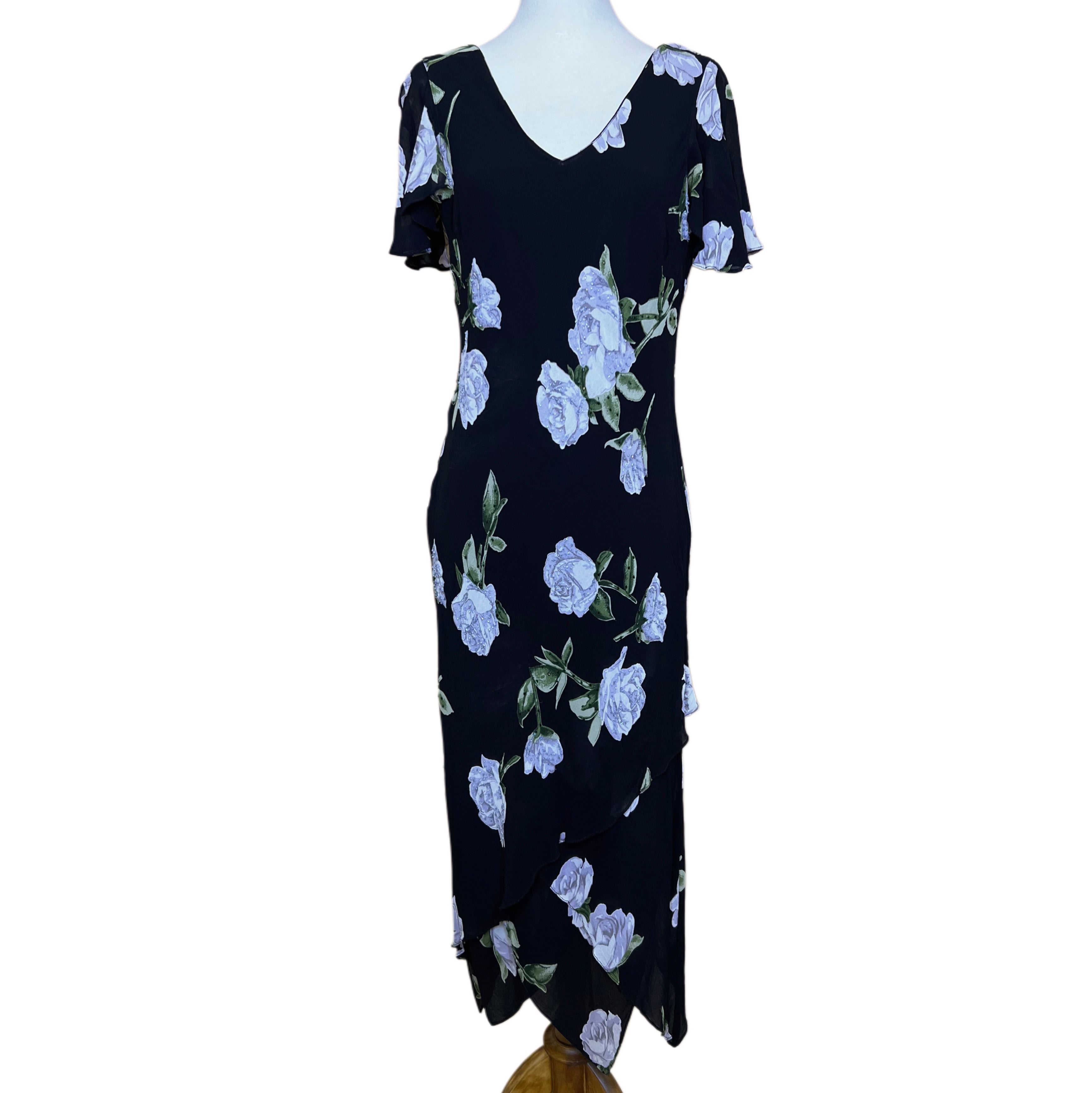 Eva Blue Black Floral Gown, 1990’s, 40” Bust