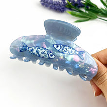 Load image into Gallery viewer, Blue Porcelain Sardine Half-Moon Acrylic Hair Claw Clip: Blue