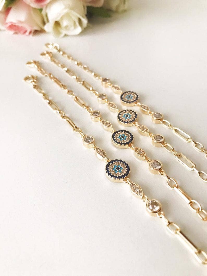 Evil Eye Bracelet, Zircon Charm Bracelet, Gold Chain Bracelet