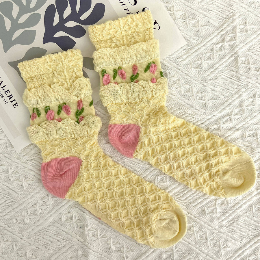 Tulip Mid Calf Floral Vintage Socks: Blue