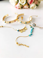 Load image into Gallery viewer, Gold Bangle Bracelet, Greek Evil Eye Jewelry, Evil Eye Charm Bracelet: Style 4