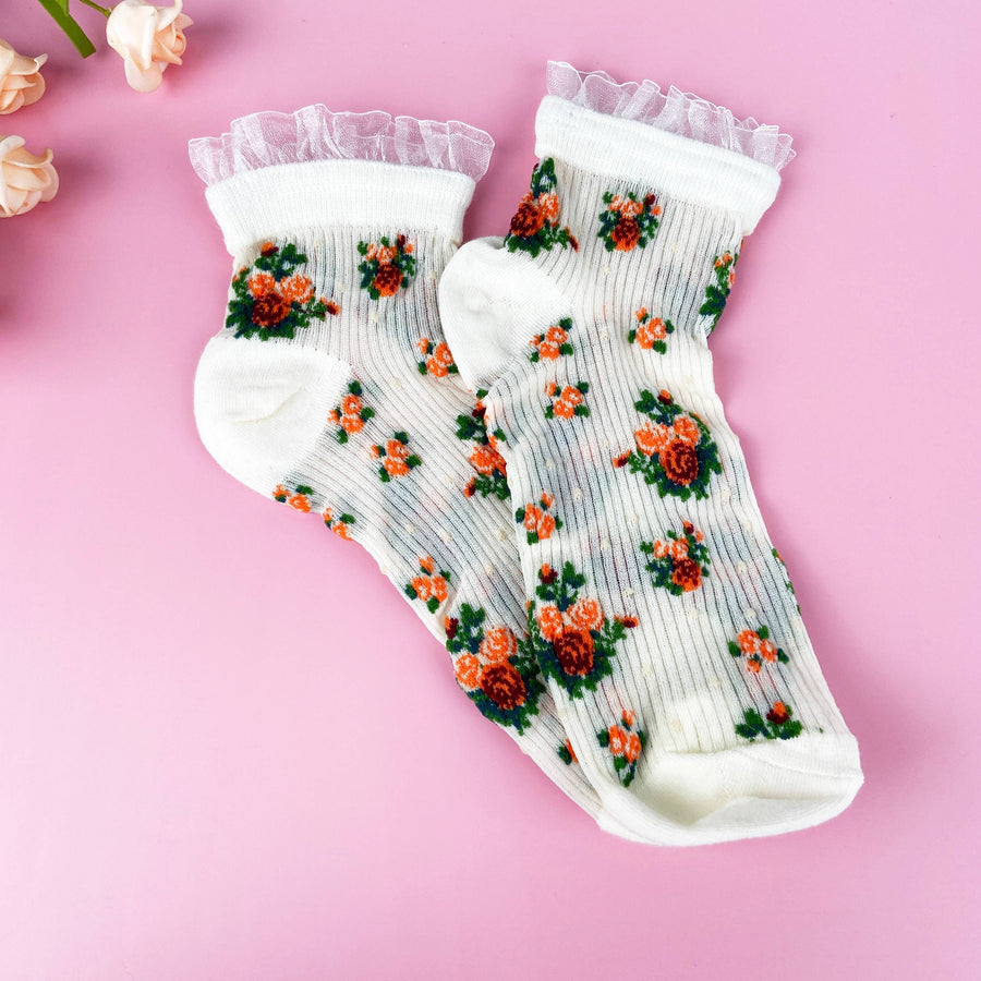 Breathable summer thin  lace socks with plants flowers: White