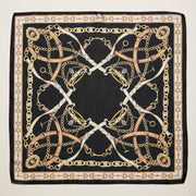 Classic Equestrian Chain Square Scarf – Vintage Belt & Gold Chain Print Silk-Feel Scarf: WT / ONE