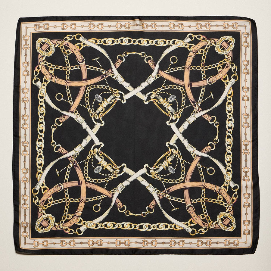 Classic Equestrian Chain Square Scarf – Vintage Belt & Gold Chain Print Silk-Feel Scarf: WT / ONE