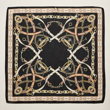 Load image into Gallery viewer, Classic Equestrian Chain Square Scarf – Vintage Belt &amp; Gold Chain Print Silk-Feel Scarf: WT / ONE