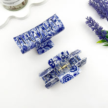 Load image into Gallery viewer, Blue &amp; White Porcelain Hair Claw – Cutout Rectangle Clip: A