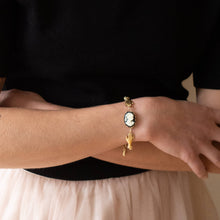Load image into Gallery viewer, 24K Satin Gold Paparclip Charm Bracelet with Cameo &amp; Hands