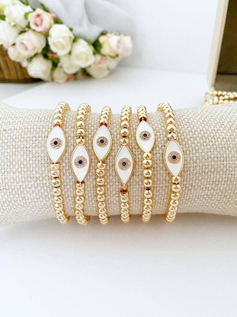 White Evil Eye Bracelet, Waterproof Bracelet, Gold Beaded Br