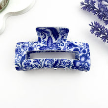 Load image into Gallery viewer, Blue &amp; White Porcelain Hair Claw – Cutout Rectangle Clip: A