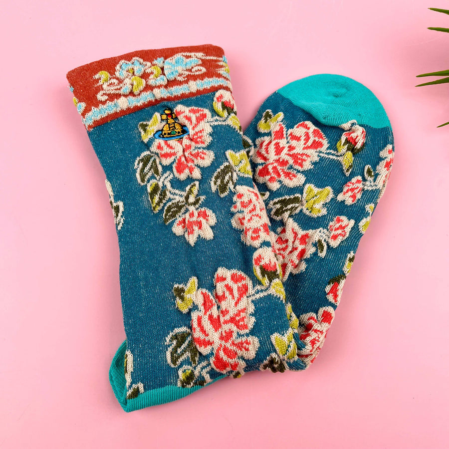 Embroidered Small Flower Sock: Blue