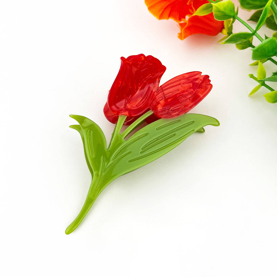 Double Tulip Acetate Claw Clip – Elegant Floral Hair Clip: Red