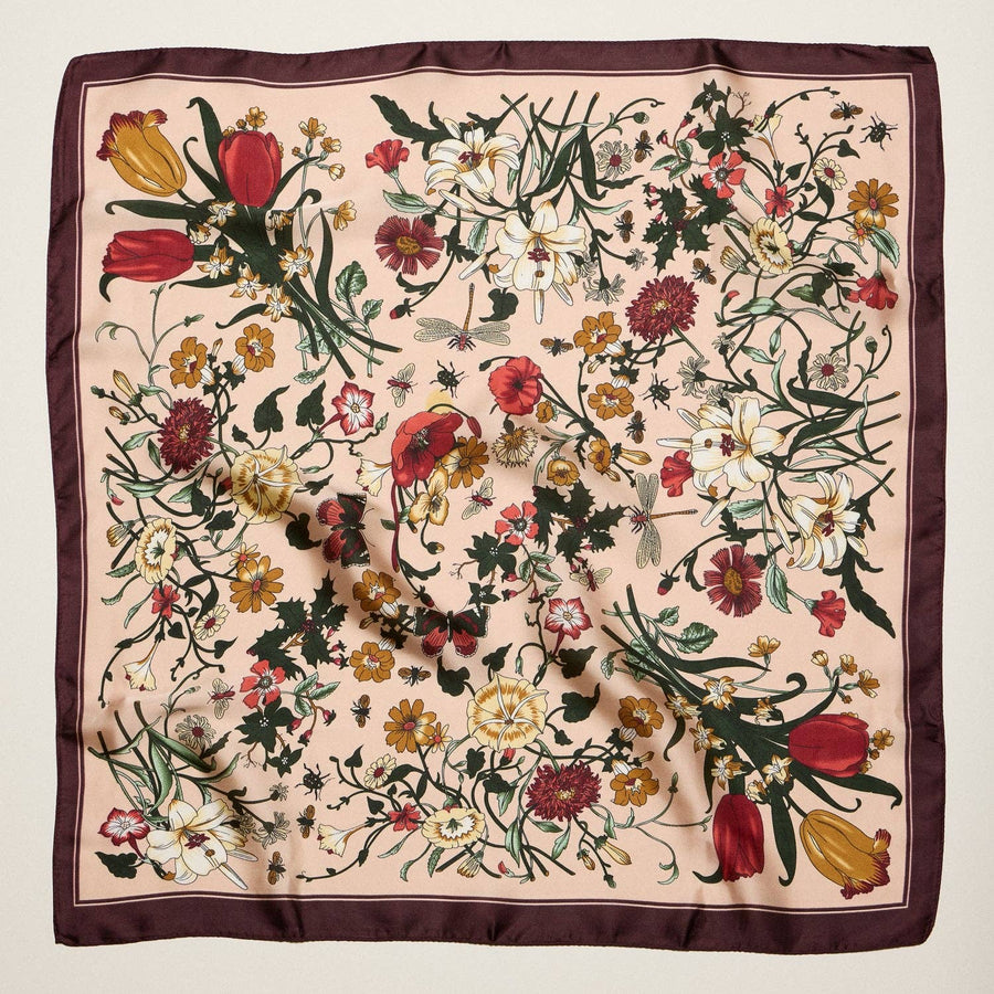 Vintage Botanical Floral Square Scarf – Elegant Garden Print Satin Neck & Hair Scarf: BL / ONE