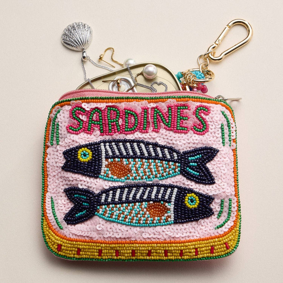 Beaded Sardine Tin Clutch – Pink Hand-Embroidered Sequin Zip Pouch: MT / ONE