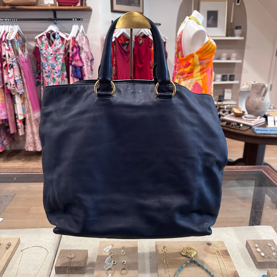 Prada Two-Way Shopper Tote Bag in Dark Blue Calf-Skin