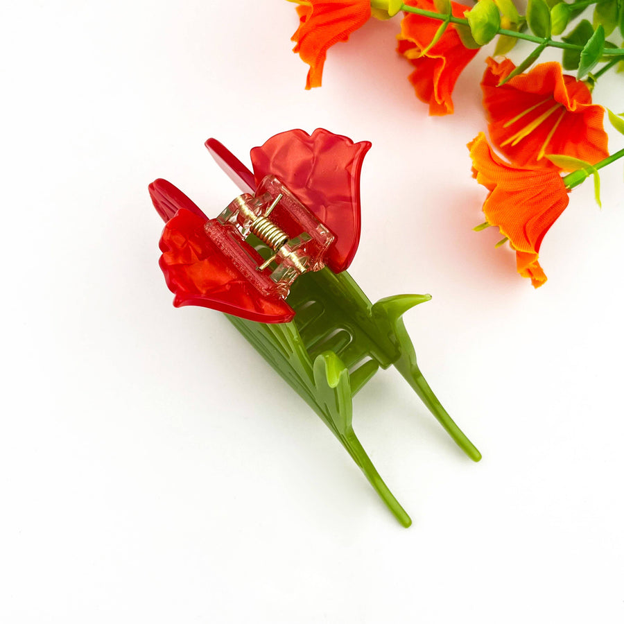 Double Tulip Acetate Claw Clip – Elegant Floral Hair Clip: Red