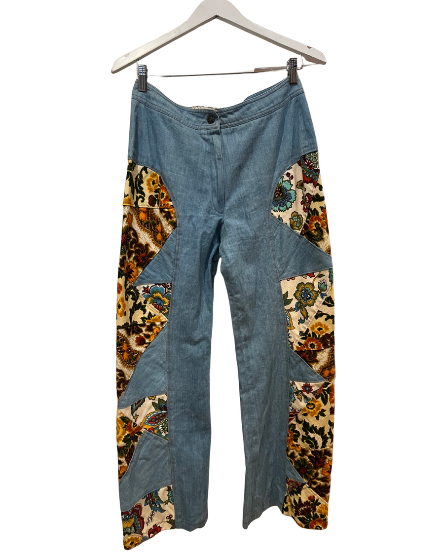 Denim Pants with groovy floral panels, 1970s, 30” Waist