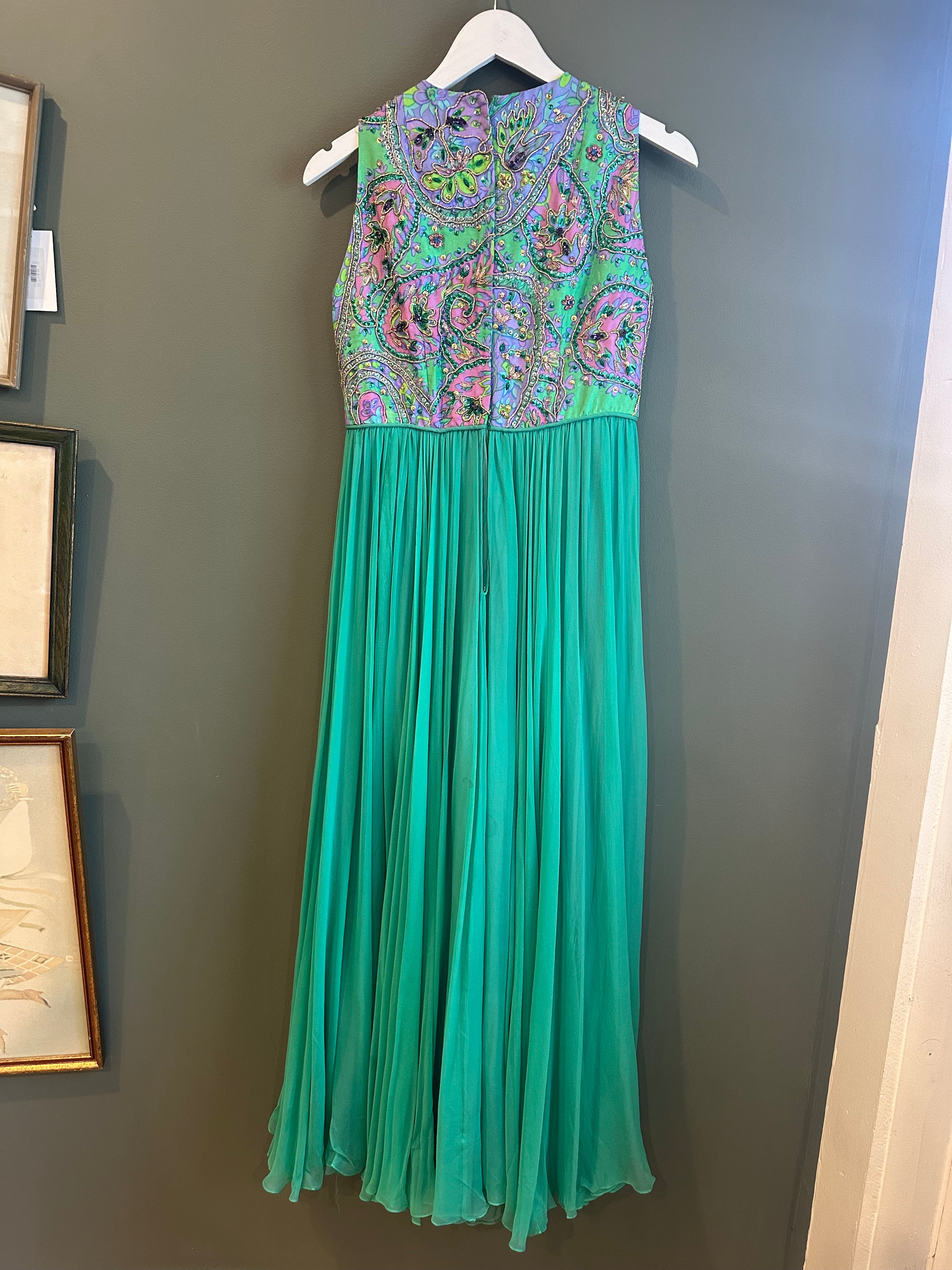 Janet - 1970's Green Silk Beaded Gown, 28" Waist, As is