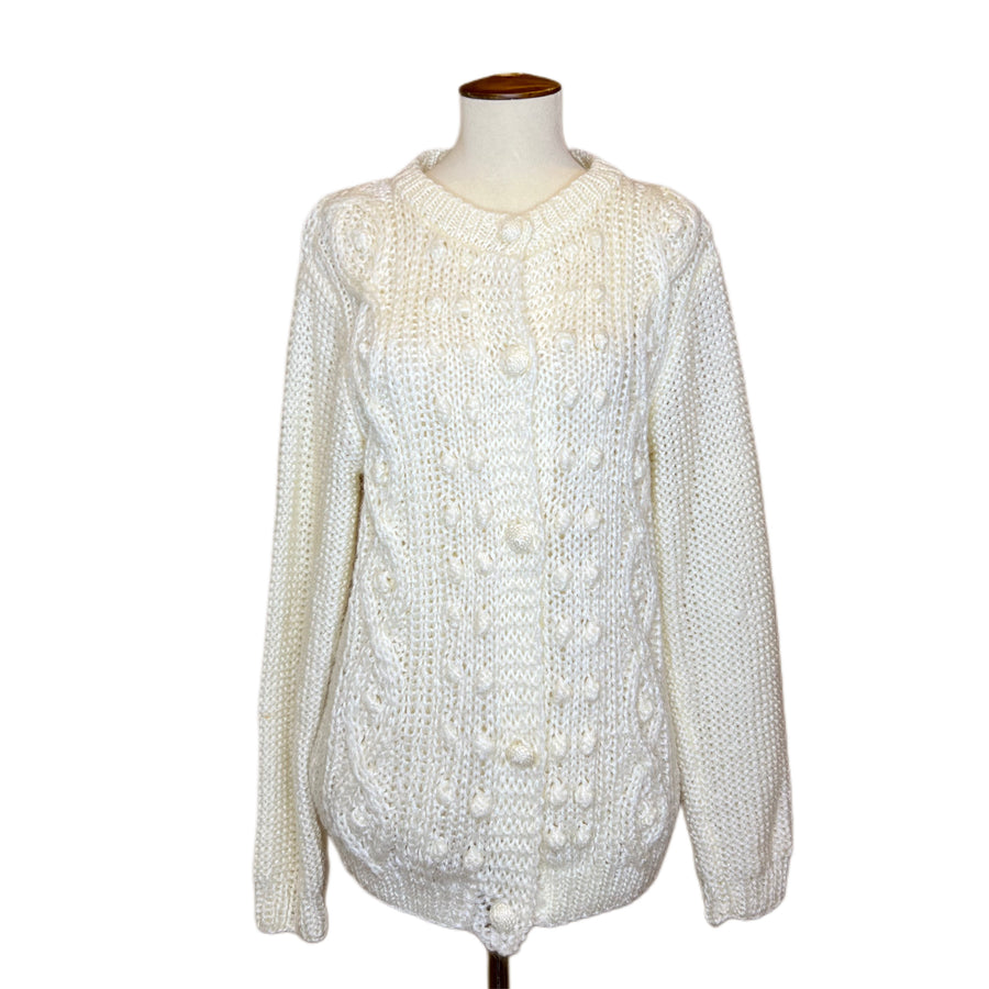 White Hand-Knit Popcorn Cardigan, 1960s, 40” Bust, as is