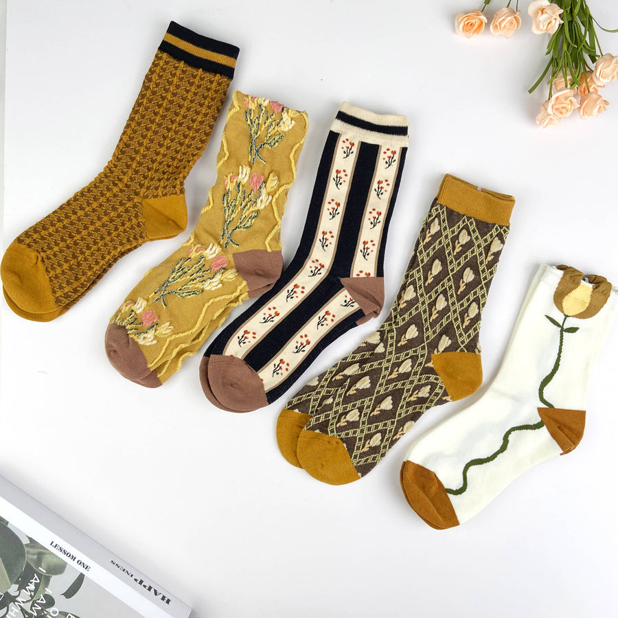 Combed cotton women's socks floral lolita mid-calf socks aut: Coffee