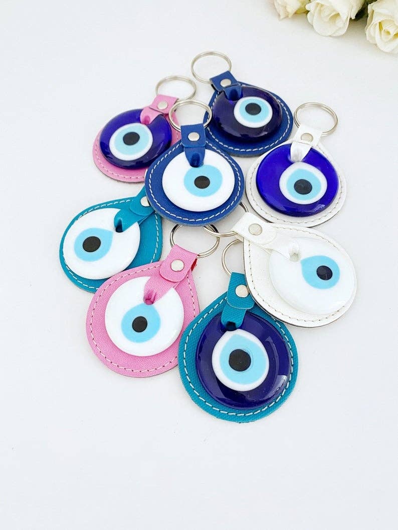 White Evil Eye Bead, Leather Evil Eye Keychain, Blue Evil Eye, Pink Blue Faux Leather: Blue / Turquoise