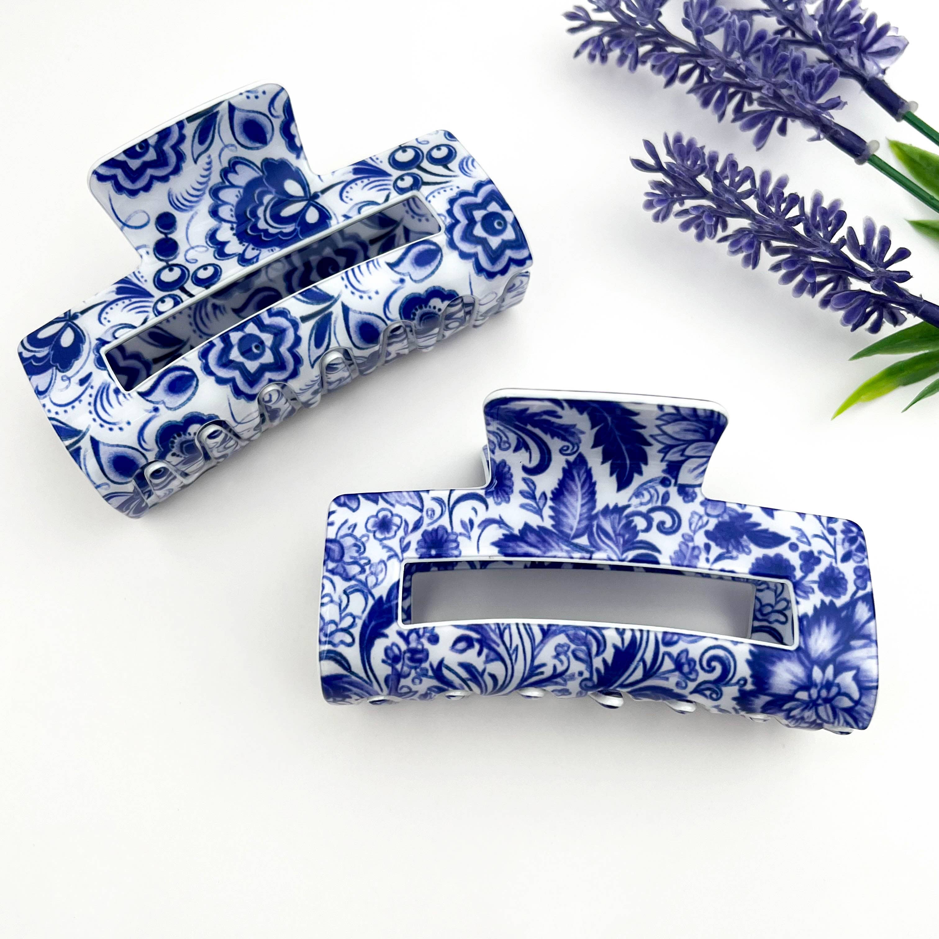 Blue & White Porcelain Hair Claw – Cutout Rectangle Clip: A
