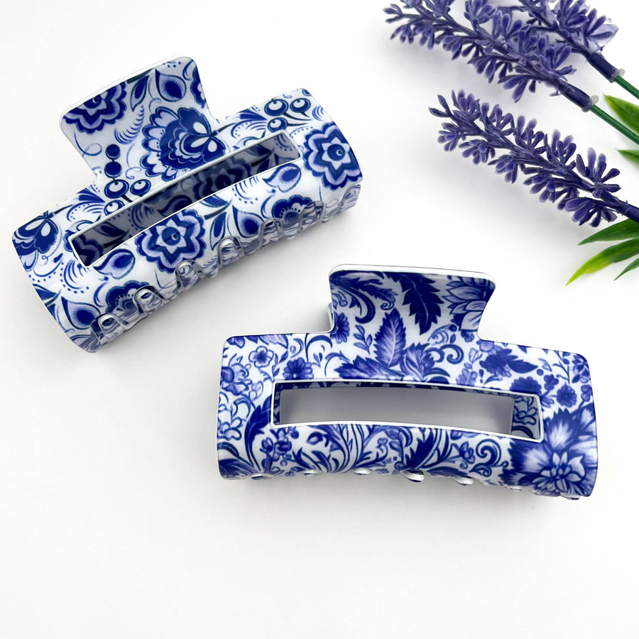 Blue & White Porcelain Hair Claw – Cutout Rectangle Clip: A
