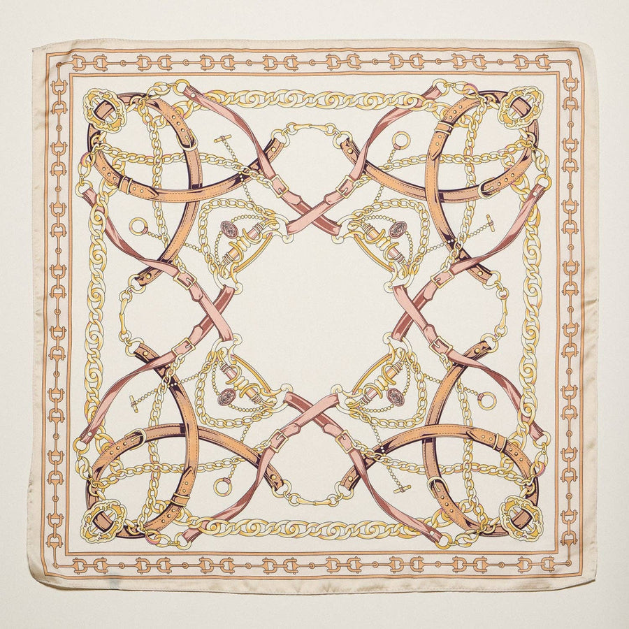 Classic Equestrian Chain Square Scarf – Vintage Belt & Gold Chain Print Silk-Feel Scarf: WT / ONE