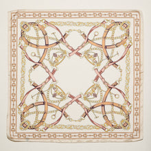 Load image into Gallery viewer, Classic Equestrian Chain Square Scarf – Vintage Belt &amp; Gold Chain Print Silk-Feel Scarf: WT / ONE