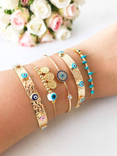 Load image into Gallery viewer, Gold Bangle Bracelet, Greek Evil Eye Jewelry, Evil Eye Charm Bracelet: Style 4
