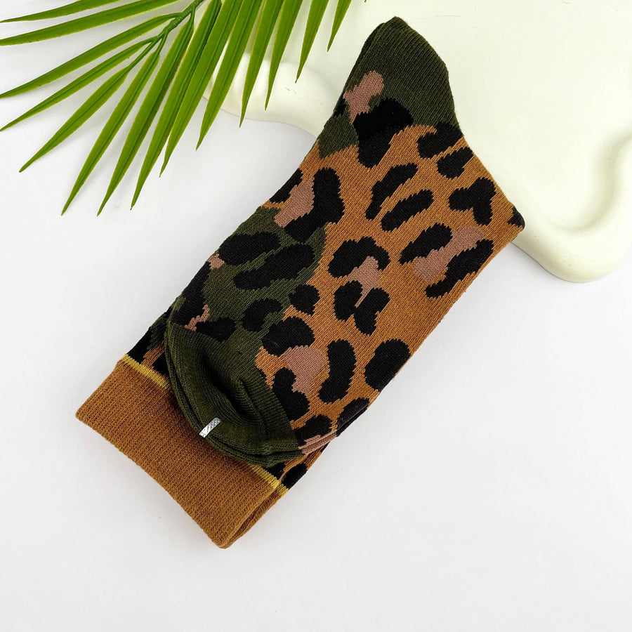 Soft Leopard Print Mid-Calf Socks: Brown