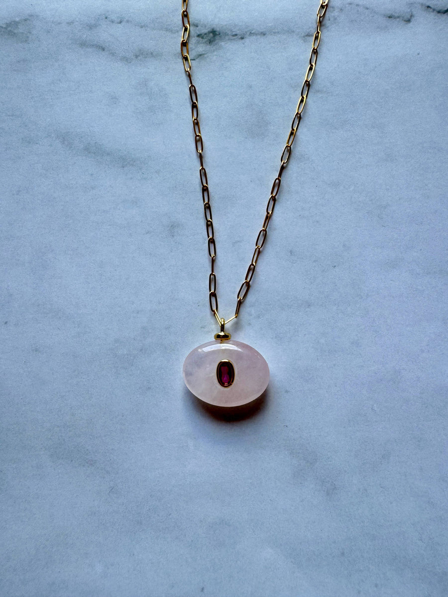 Boheme Gemstone Pendant Necklace: Rose Quartz + Tourmaline CZ