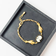 Load image into Gallery viewer, 24K Satin Gold Paparclip Charm Bracelet with Cameo &amp; Hands