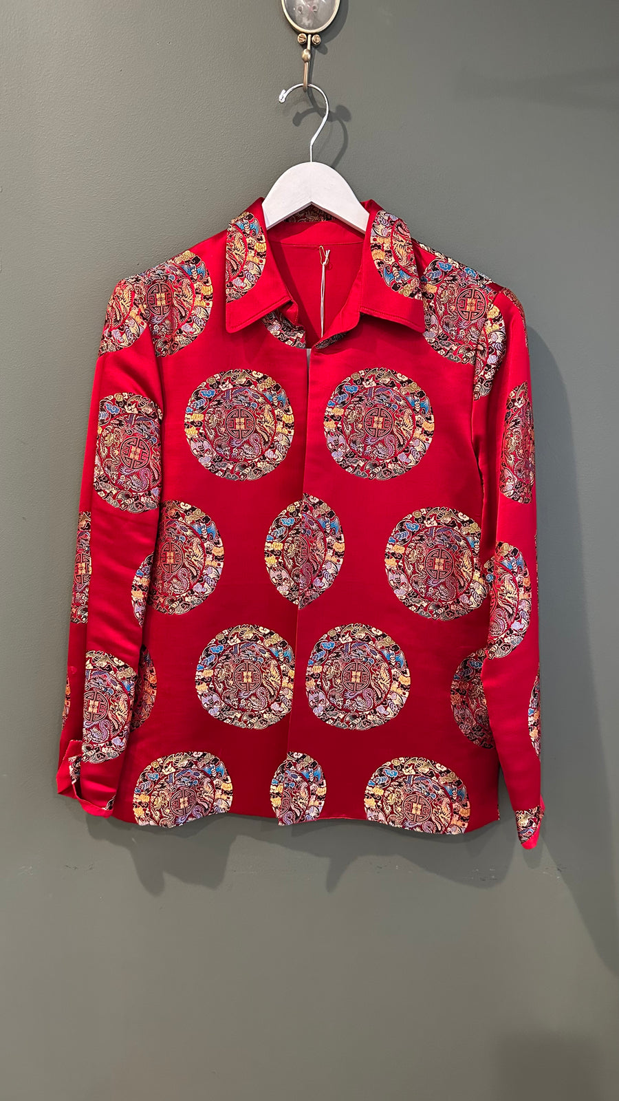 Red Embroidered Silk Jacket, 1990s, 44” Bust, as is