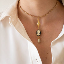 Load image into Gallery viewer, 24K Satin Gold Cameo &amp; Hand Charm Necklace: 20"